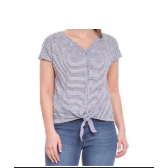 Rachel Zoe Striped Linen Tie-Front Top, Size M, White/Blue - Picture 1 of 6